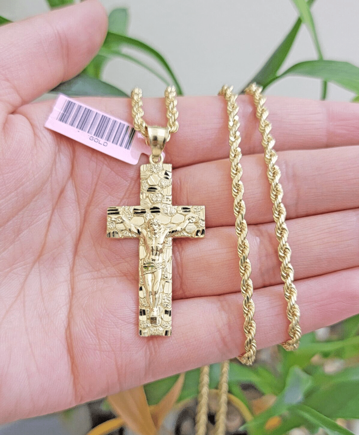 10k Yellow Gold Rope Chain Nugget Cross Charm Set 28 Inch necklace pendant, REAL - GoldenlinQ