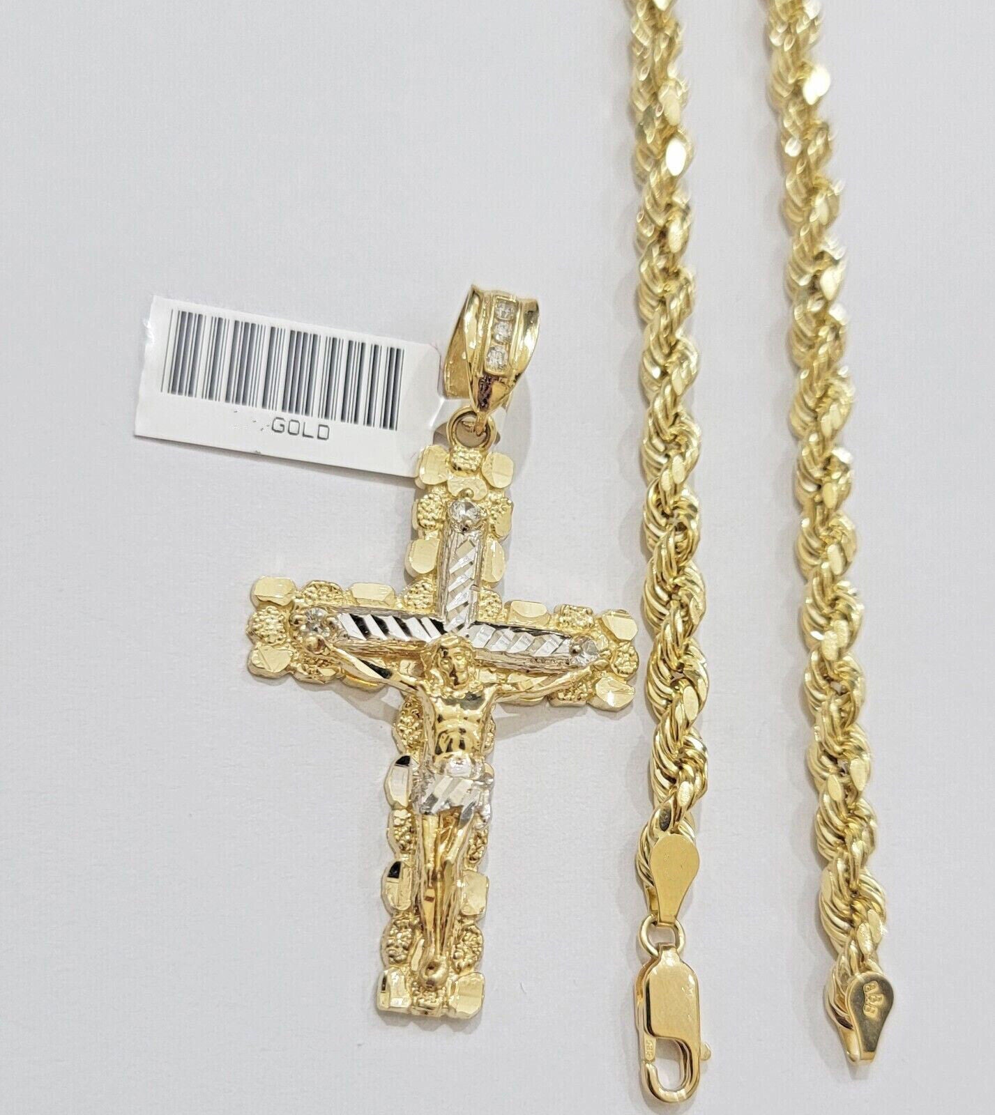 10k yellow gold rope chain with cross charm pendant set real 10kt 4mm necklace - GoldenlinQ