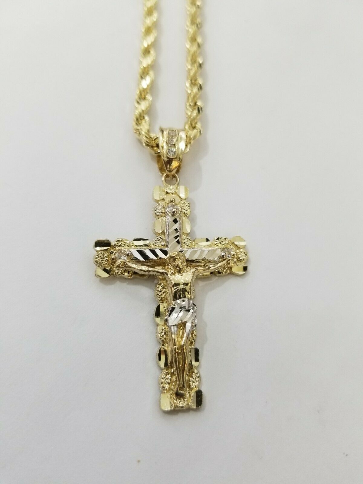10k Yellow Gold Rope Chain With Cross Charm Pendant Set REAL 10KT 4mm Necklace - GoldenlinQ