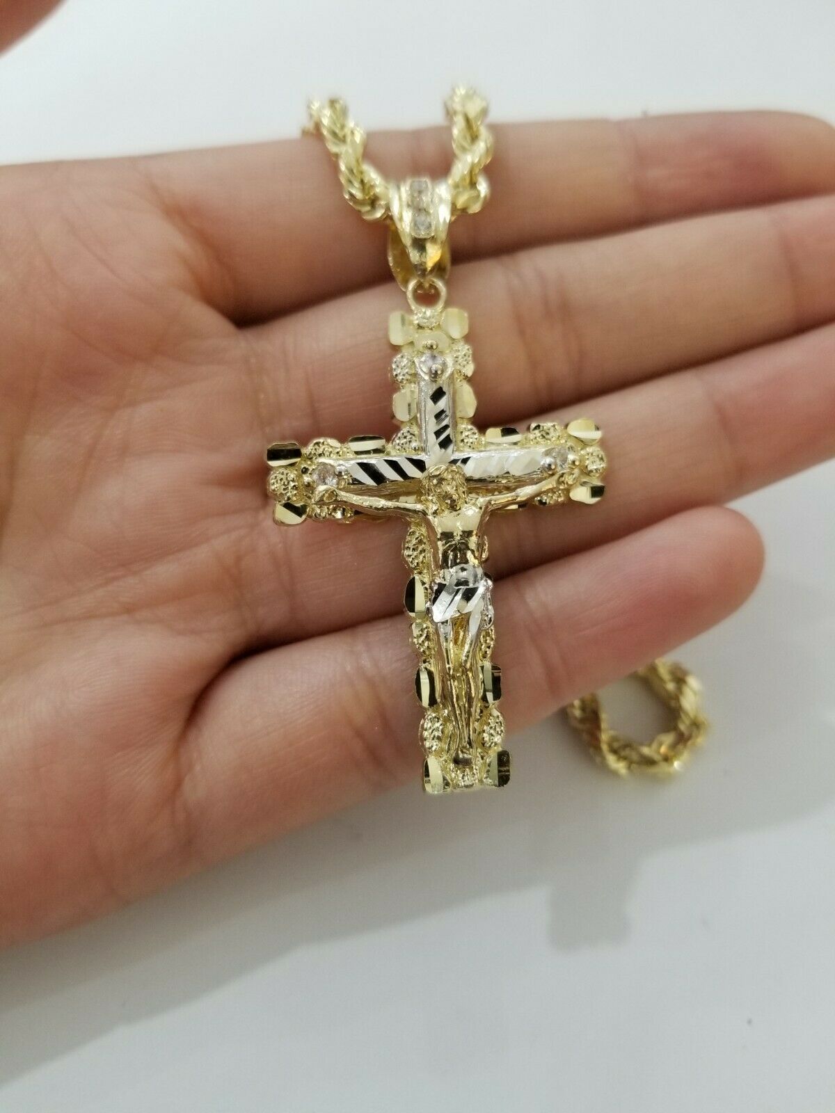 10k Yellow Gold Rope Chain With Cross Charm Pendant Set REAL 10KT 4mm Necklace - GoldenlinQ