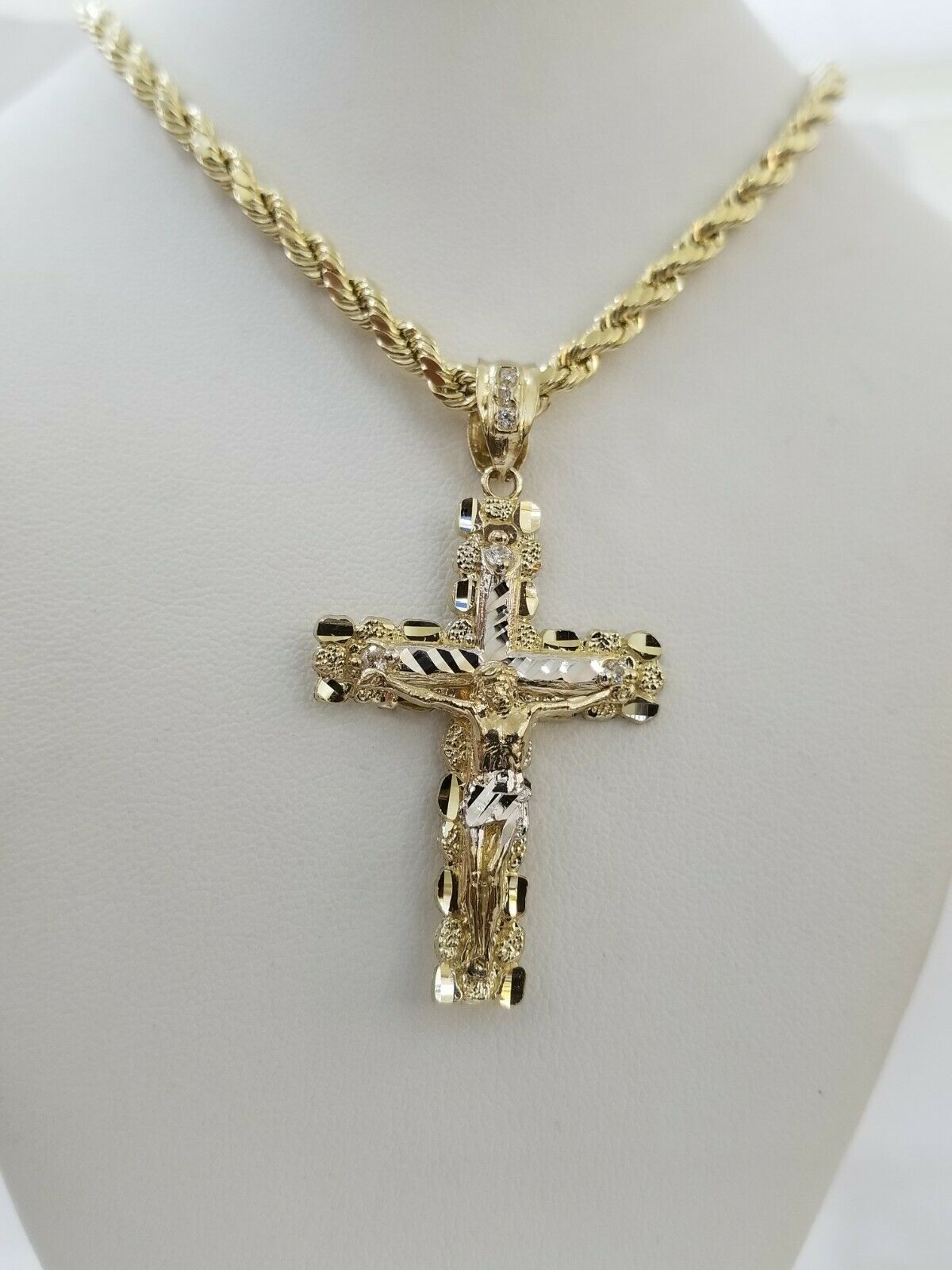 10k Yellow Gold Rope Chain With Cross Charm Pendant Set REAL 10KT 4mm Necklace - GoldenlinQ