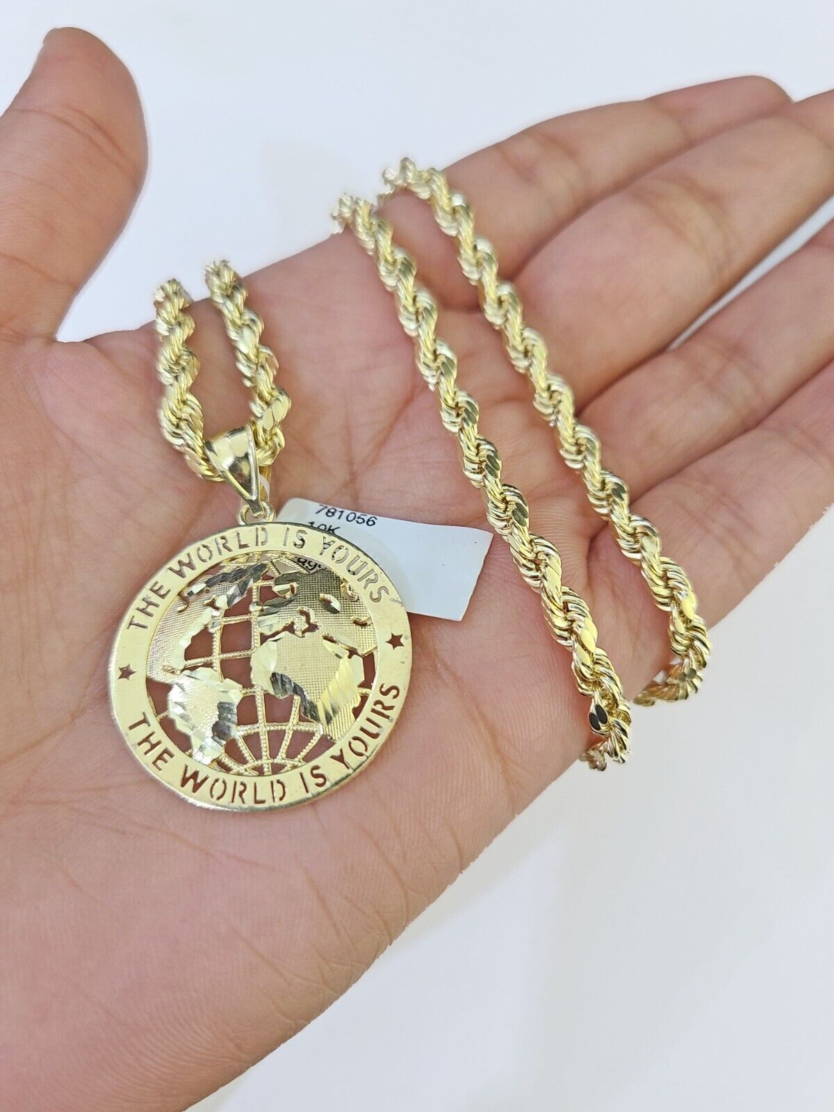 10k Yellow Gold Rope Chain World is Yours Charm Set 4mm 18" - 26"Inch Necklace - GoldenlinQ