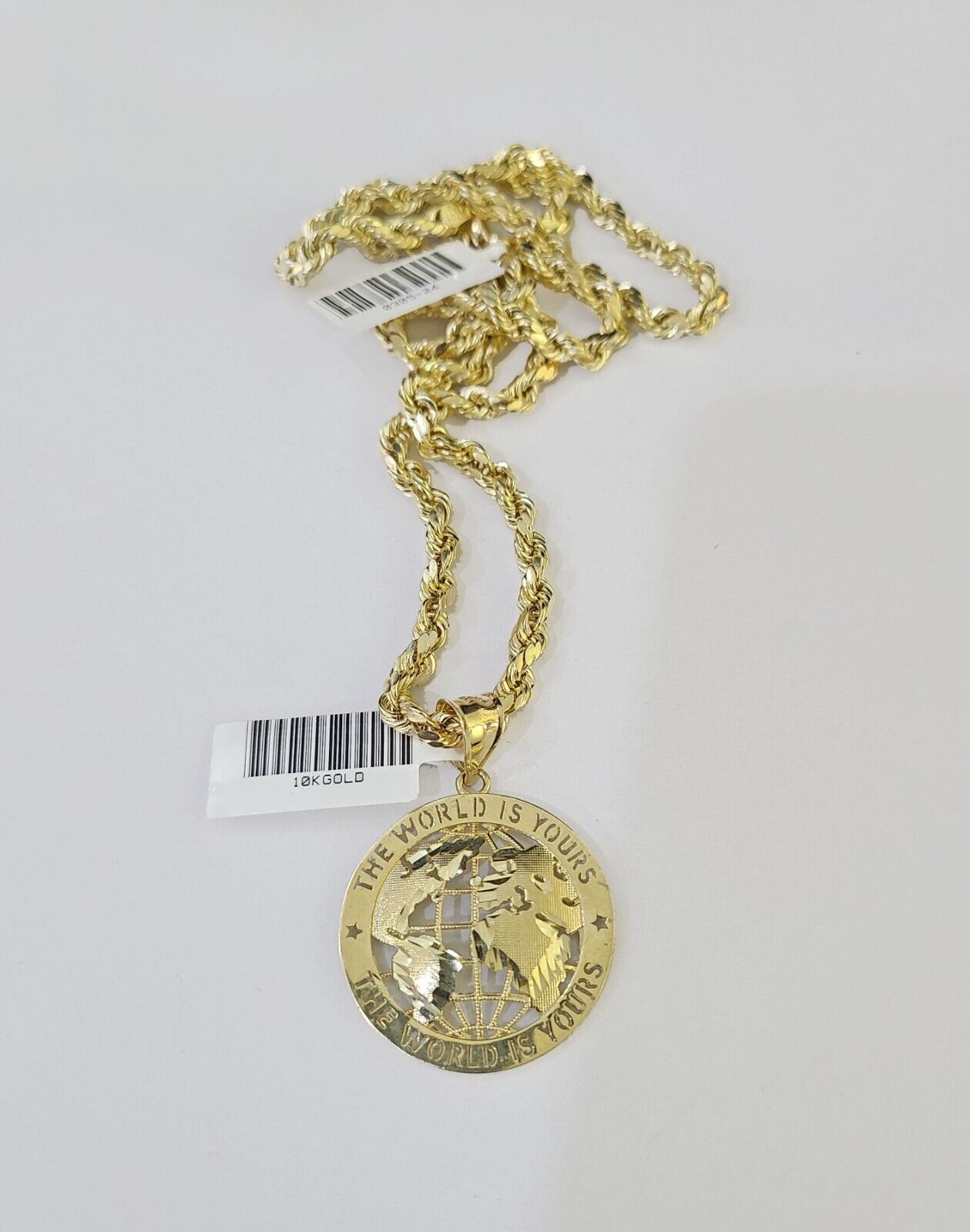 10k Yellow Gold Rope Chain World is Yours Charm Set 4mm 18" - 26"Inch Necklace - GoldenlinQ