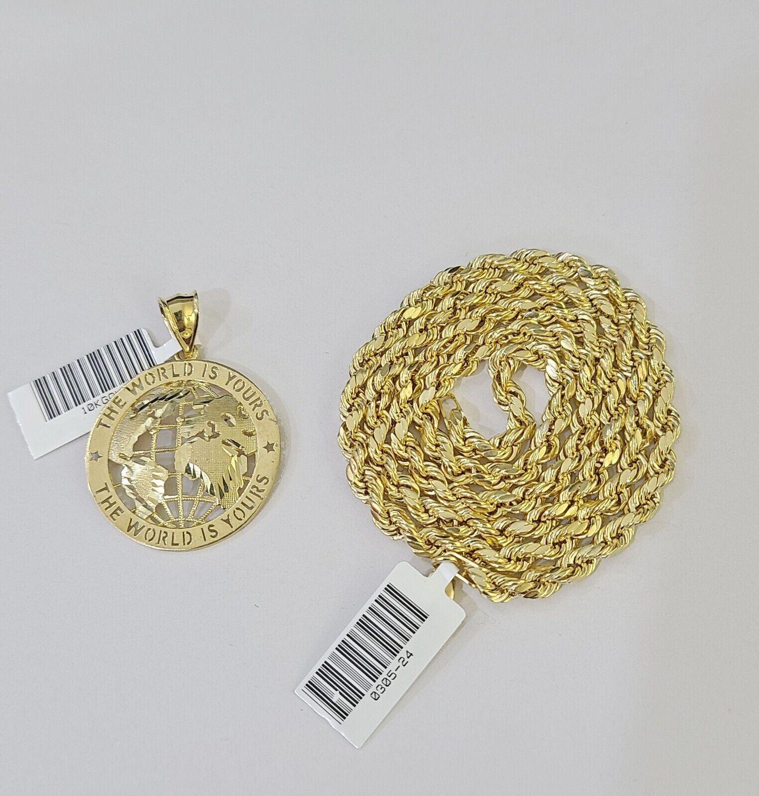 10k Yellow Gold Rope Chain World is Yours Charm Set 4mm 18" - 26"Inch Necklace - GoldenlinQ