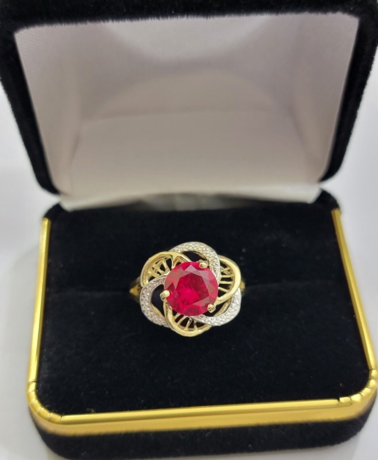 10k Yellow Gold Women Ring Pink Red Color Ladies Flower Band REAL 10KT Size 7.5 - GoldenLinQ