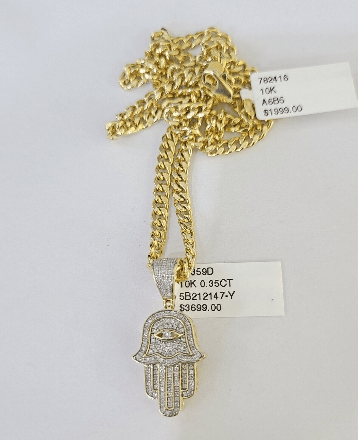 10k Yelow Gold Diamond Hamsa Hand Charm Miami Cuban Link Chain Necklace DISCOUNT - GoldenlinQ