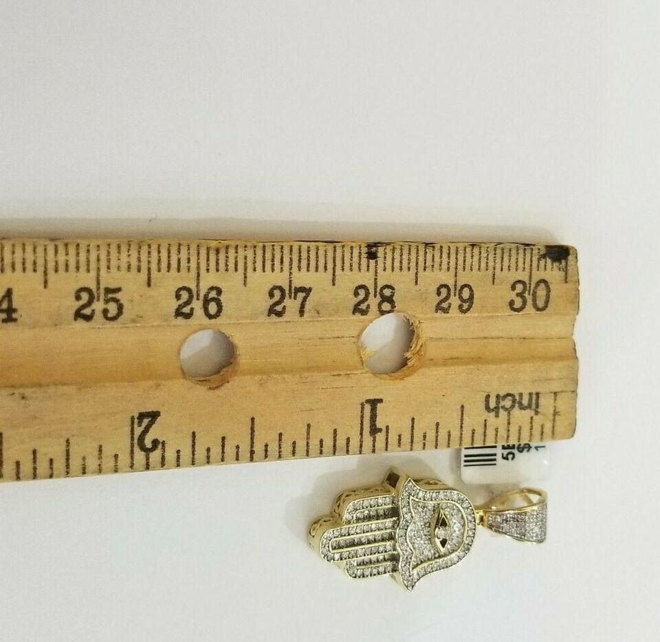 10k Yelow Gold Diamond Hamsa Hand Charm Miami Cuban Link Chain Necklace DISCOUNT - GoldenlinQ