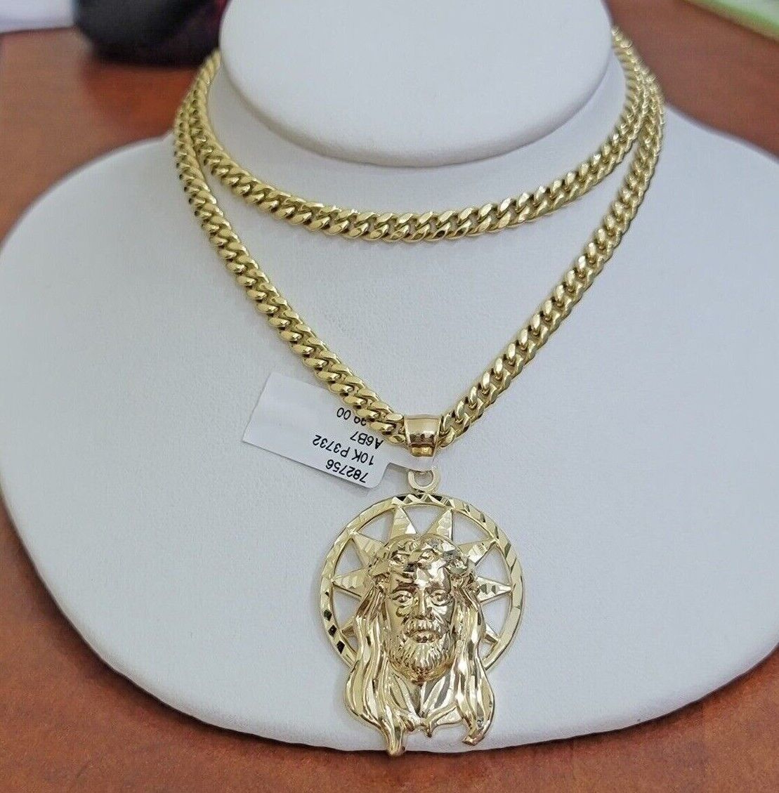 10kt Gold Miami Cuban Chain Jesus Head Charm Pendant Set 18 - 28 Inch 5mm Necklace - GoldenlinQ