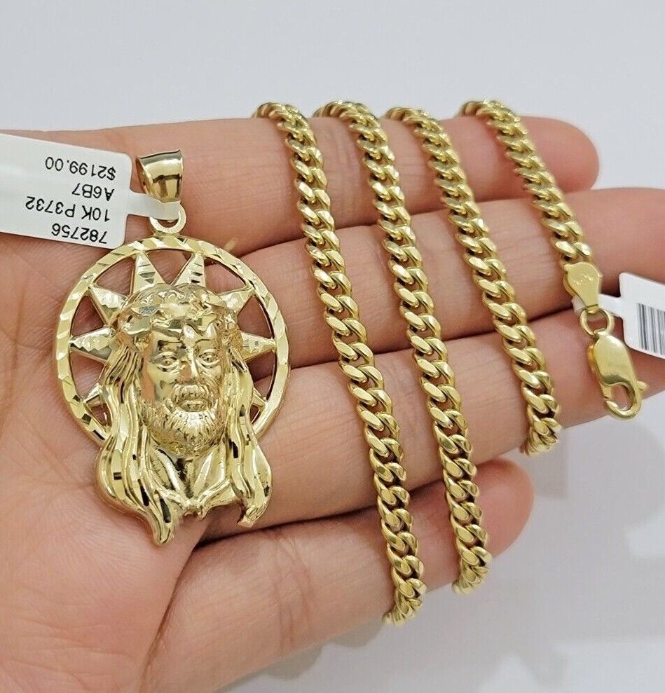 10kt Gold Miami Cuban Chain Jesus Head Charm Pendant Set 18 - 28 Inch 5mm Necklace - GoldenlinQ