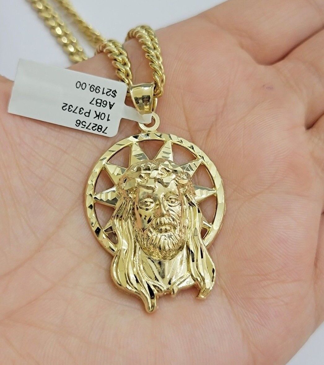 10kt Gold Miami Cuban Chain Jesus Head Charm Pendant Set 18 - 28 Inch 5mm Necklace - GoldenlinQ