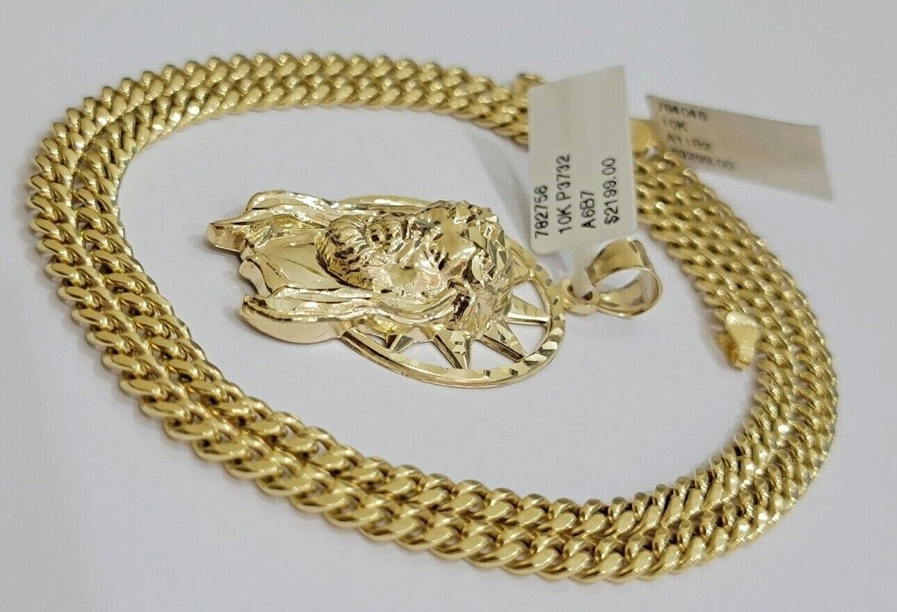 10kt Gold Miami Cuban Chain Jesus Head Charm Pendant Set 18 - 28 Inch 5mm Necklace - GoldenlinQ