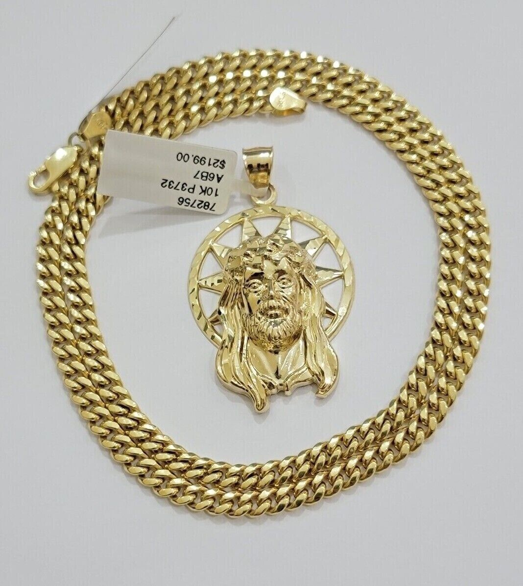 10kt Gold Miami Cuban Chain Jesus Head Charm Pendant Set 18 - 28 Inch 5mm Necklace - GoldenlinQ