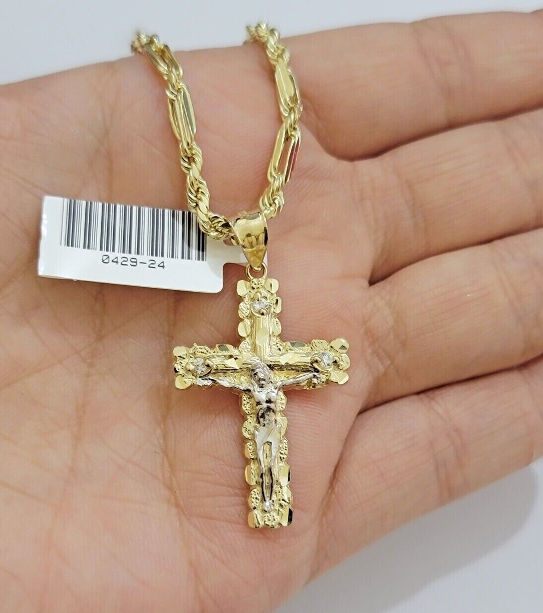 10kt Gold Milano Rope Chain Cross Charm Pendant Set 18 - 24 Inch 3mm Necklace REAL - GoldenlinQ