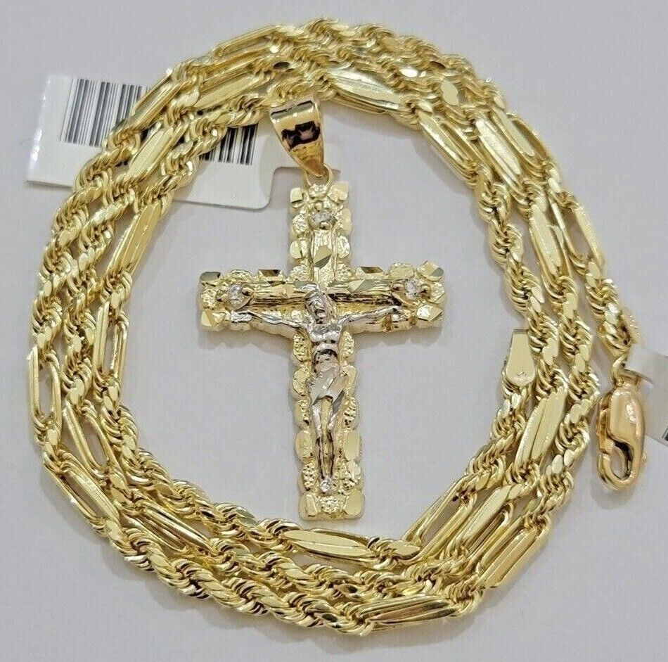 10kt Gold Milano Rope Chain Cross Charm Pendant Set 18 - 24 Inch 3mm Necklace REAL - GoldenlinQ
