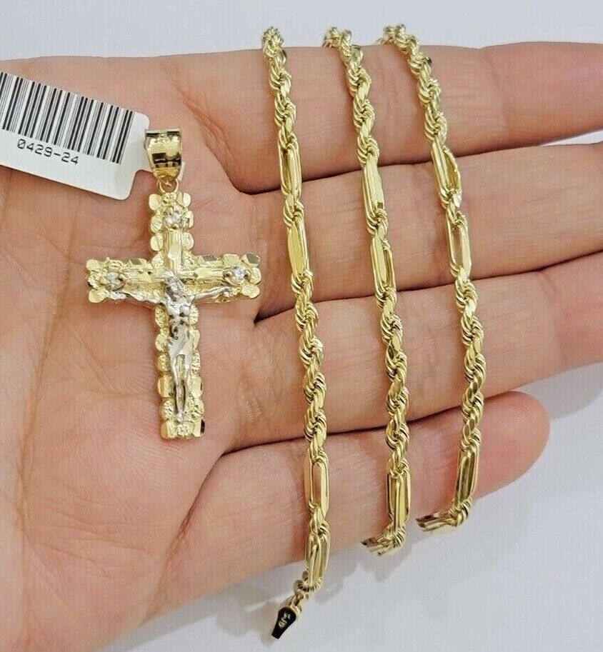 10kt Gold Milano Rope Chain Cross Charm Pendant Set 18 - 24 Inch 3mm Necklace REAL - GoldenlinQ
