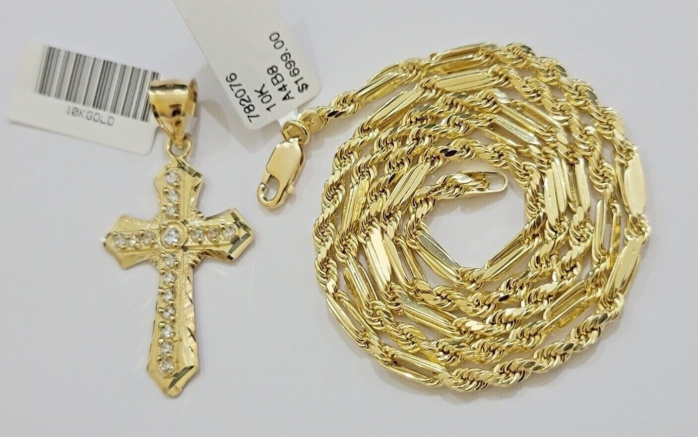 10kt Gold Milano Rope Chain Jesus Cross Charm Pendant Set 18 - 24'' Inch Necklace - GoldenlinQ