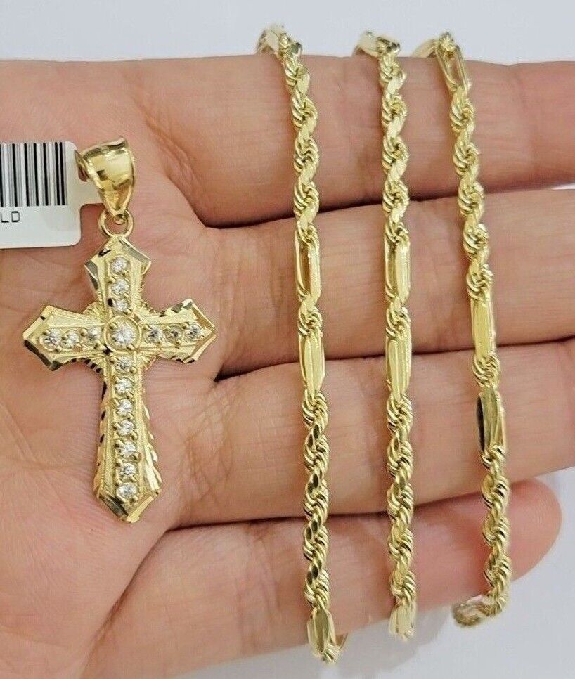 10kt Gold Milano Rope Chain Jesus Cross Charm Pendant Set 18 - 24'' Inch Necklace - GoldenlinQ