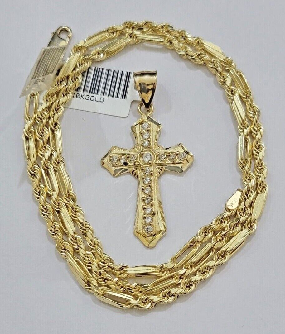 10kt Gold Milano Rope Chain Jesus Cross Charm Pendant Set 18 - 24'' Inch Necklace - GoldenlinQ