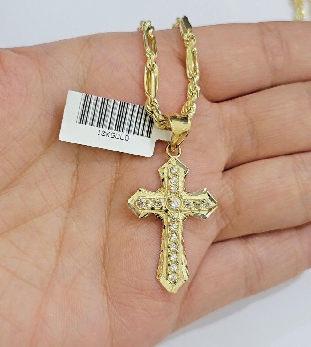 10kt Gold Milano Rope Chain Jesus Cross Charm Pendant Set 18 - 24'' Inch Necklace - GoldenlinQ