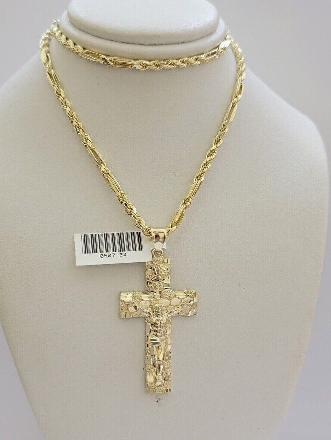 10kt Gold Milano Rope Chain Nugget Cross Charm Pendant Set 18 - 24'' Inch Necklace - GoldenlinQ