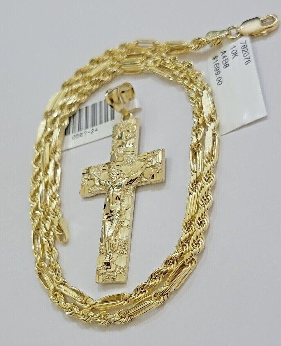 10kt Gold Milano Rope Chain Nugget Cross Charm Pendant Set 18 - 24'' Inch Necklace - GoldenlinQ