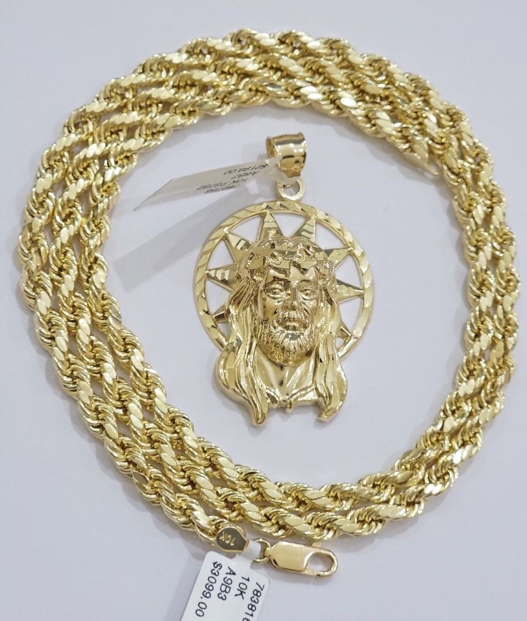 10kt Gold Rope Chain Jesus Head Charm Pendant Set 18 - 30'' Inch 5mm Necklace SALE - GoldenlinQ