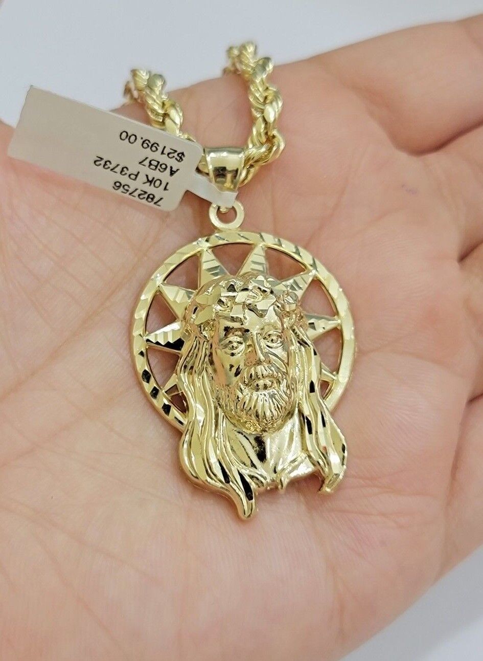 10kt Gold Rope Chain Jesus Head Charm Pendant Set 18 - 30'' Inch 5mm Necklace SALE - GoldenlinQ