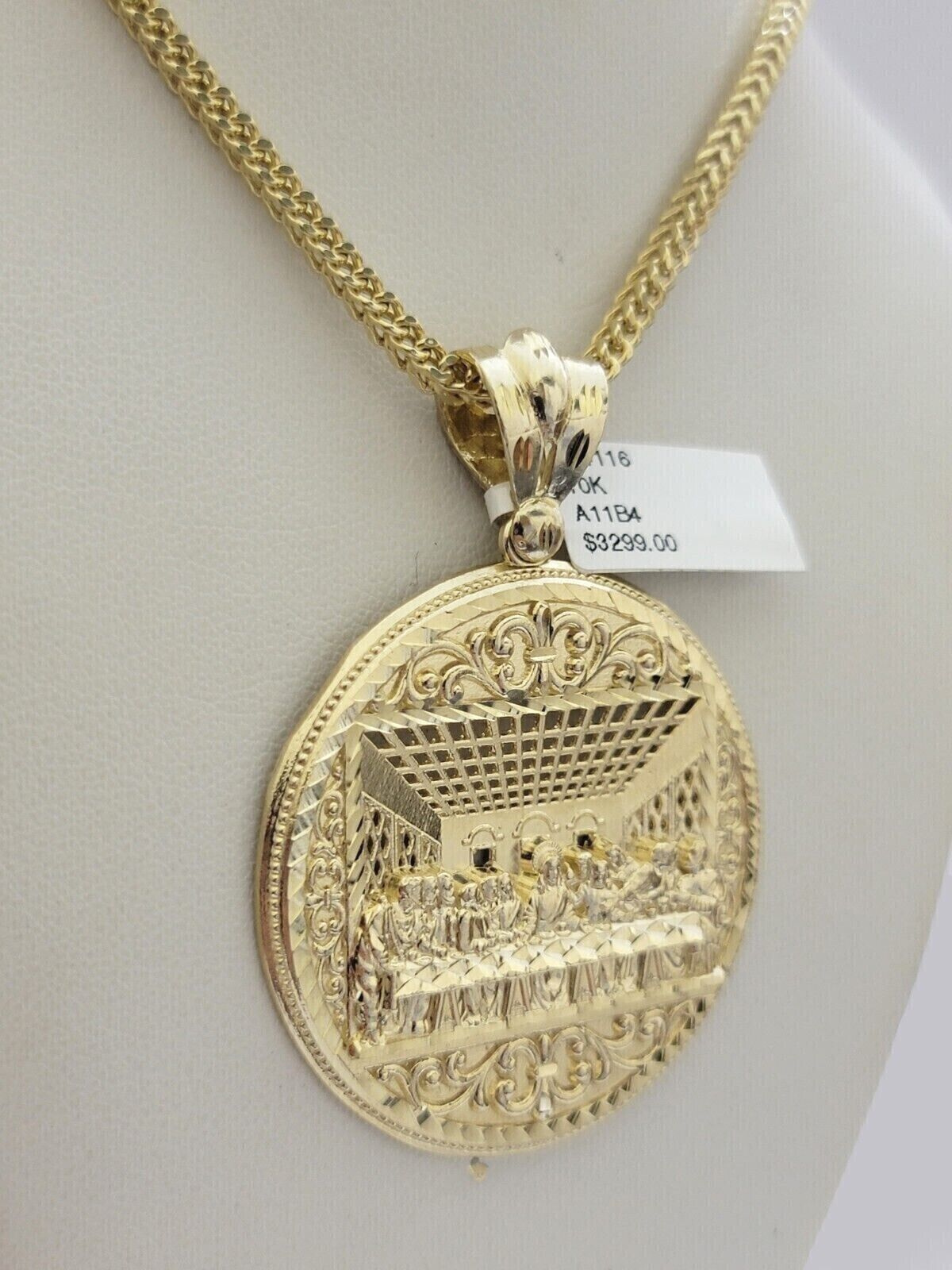 10kt Yellow Gold Last Supper Charm Pendant Franco Chain Necklace 3mm 26"Inch 10k - GoldenlinQ