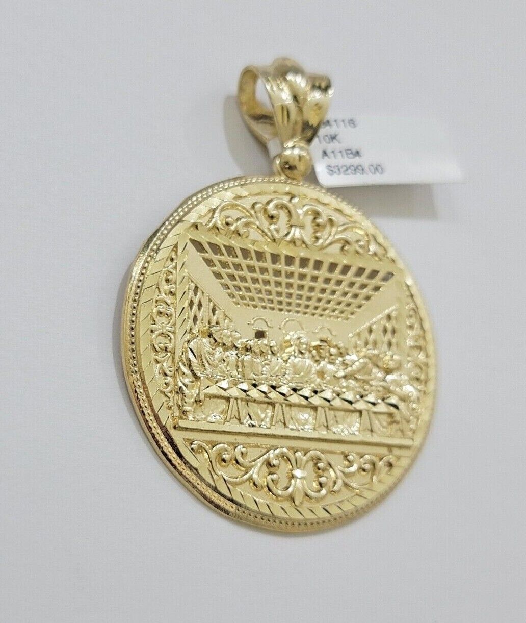 10kt Yellow Gold Last Supper Charm Pendant Franco Chain Necklace 3mm 26"Inch 10k - GoldenlinQ