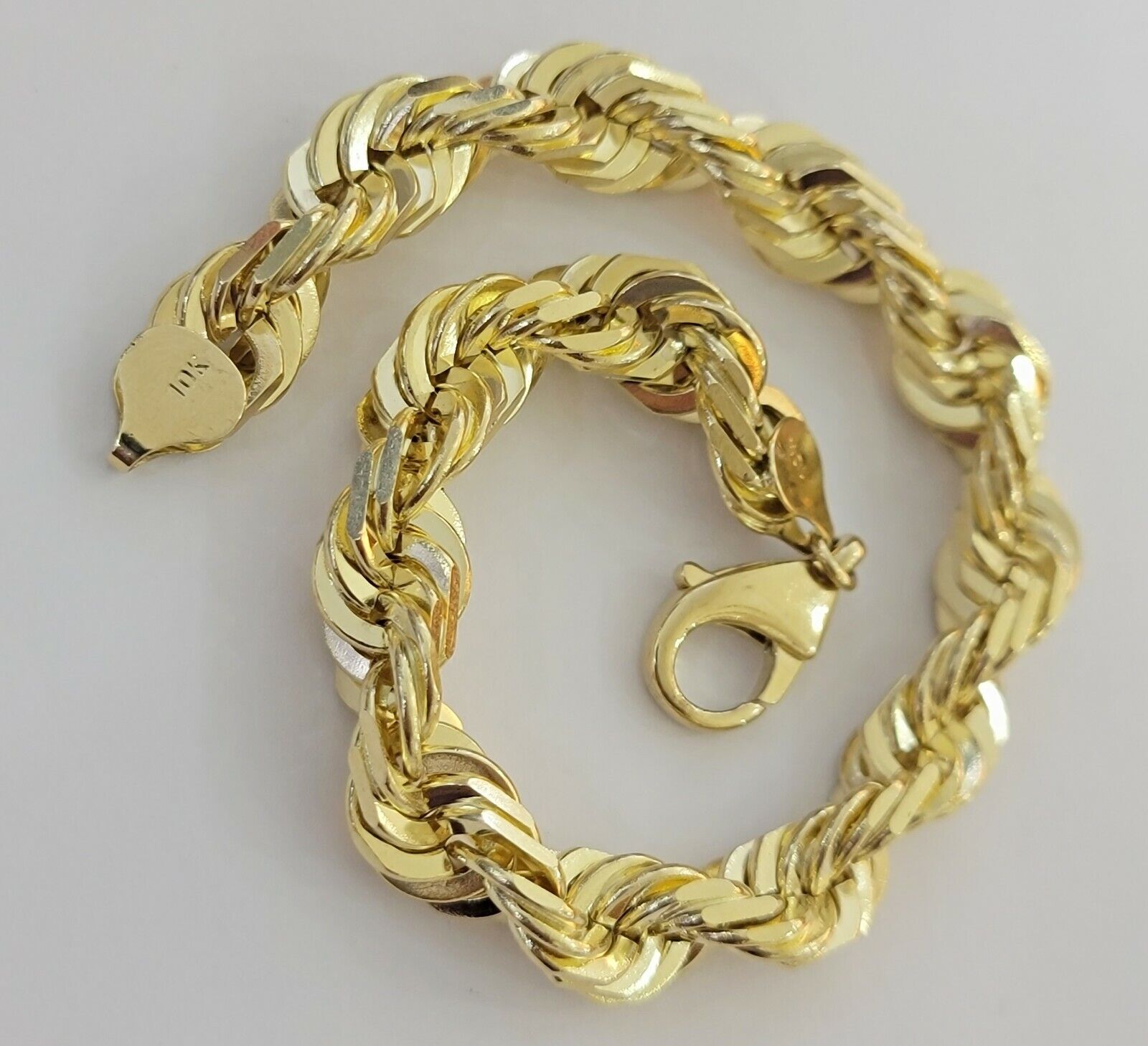 10mm 10k Yellow Gold Rope Bracelet Mens 9" Diamond Cut Real Solid Link 10KT Gold - GoldenLinQ