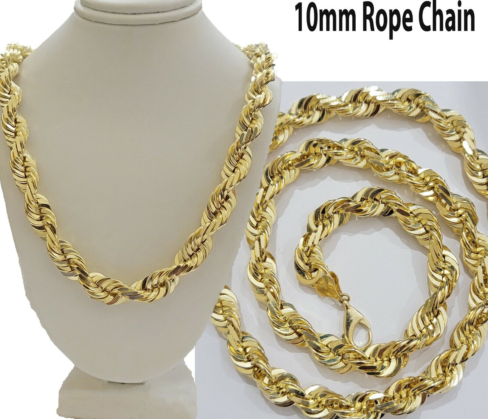 10mm Rope Chain Necklace 10k Yellow Gold 22" Choker Diamond Cut Men's REAL 10kt - GoldenLinQ