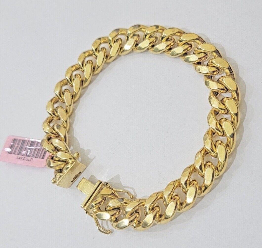 11mm 14k Gold Bracelet Miami Cuban Link 7" - 10 Inch Mens Real 14kt Yellow Gold - GoldenlinQ