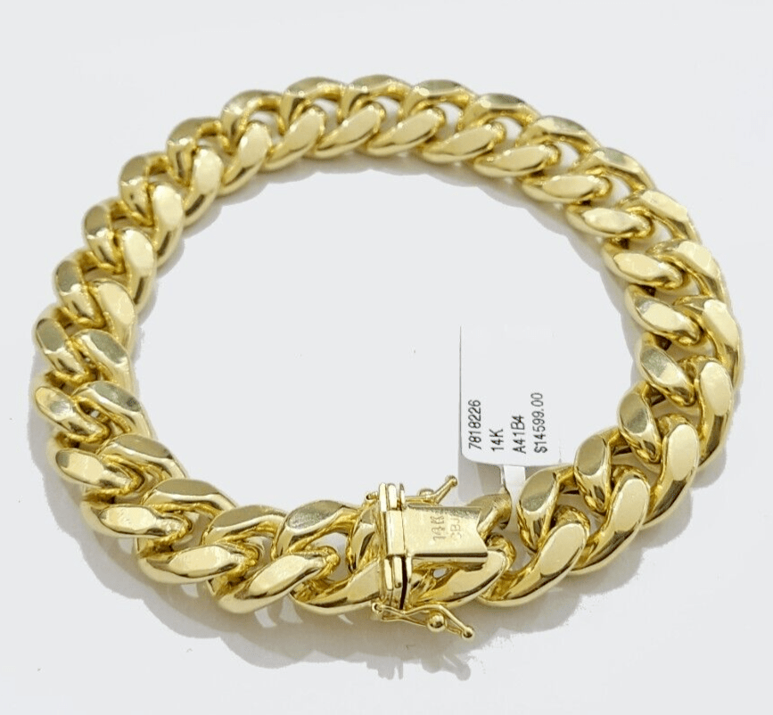 13mm 14k Gold Bracelet Miami Cuban Link 7.5" - 10 Inch Mens Real 14kt Yellow Gold - GoldenlinQ