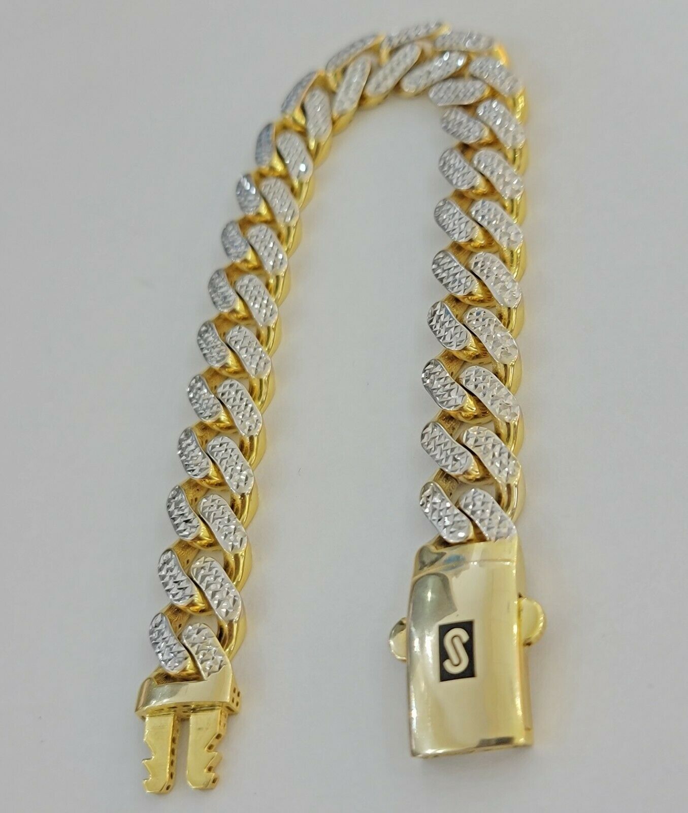 13mm Cuban Royal Link Diamond Cut Bracelet Real 10K Yellow White Gold Real 10 KT - GoldenLinQ