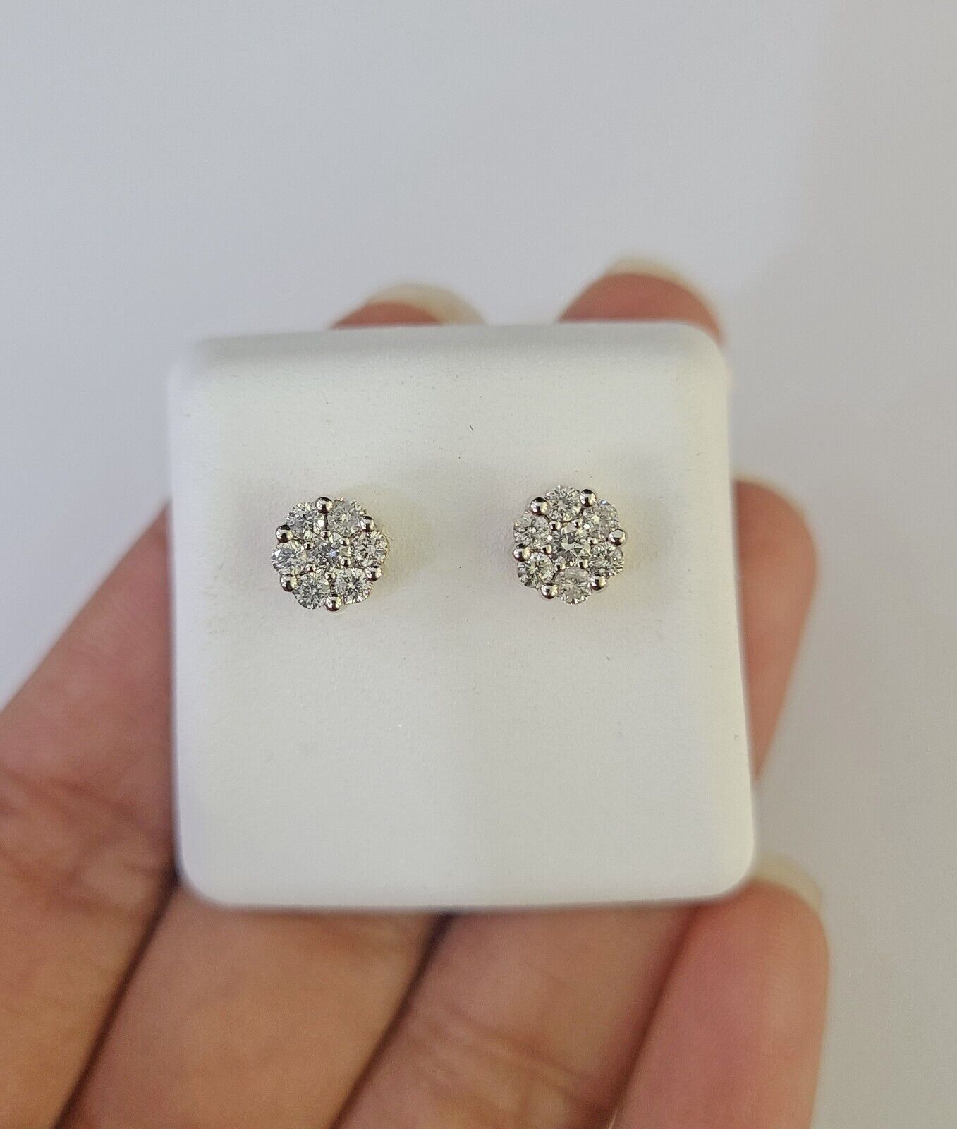 14k Diamond Flower Earrings Yellow gold Real Screw - Back Women Men Studs - GoldenlinQ