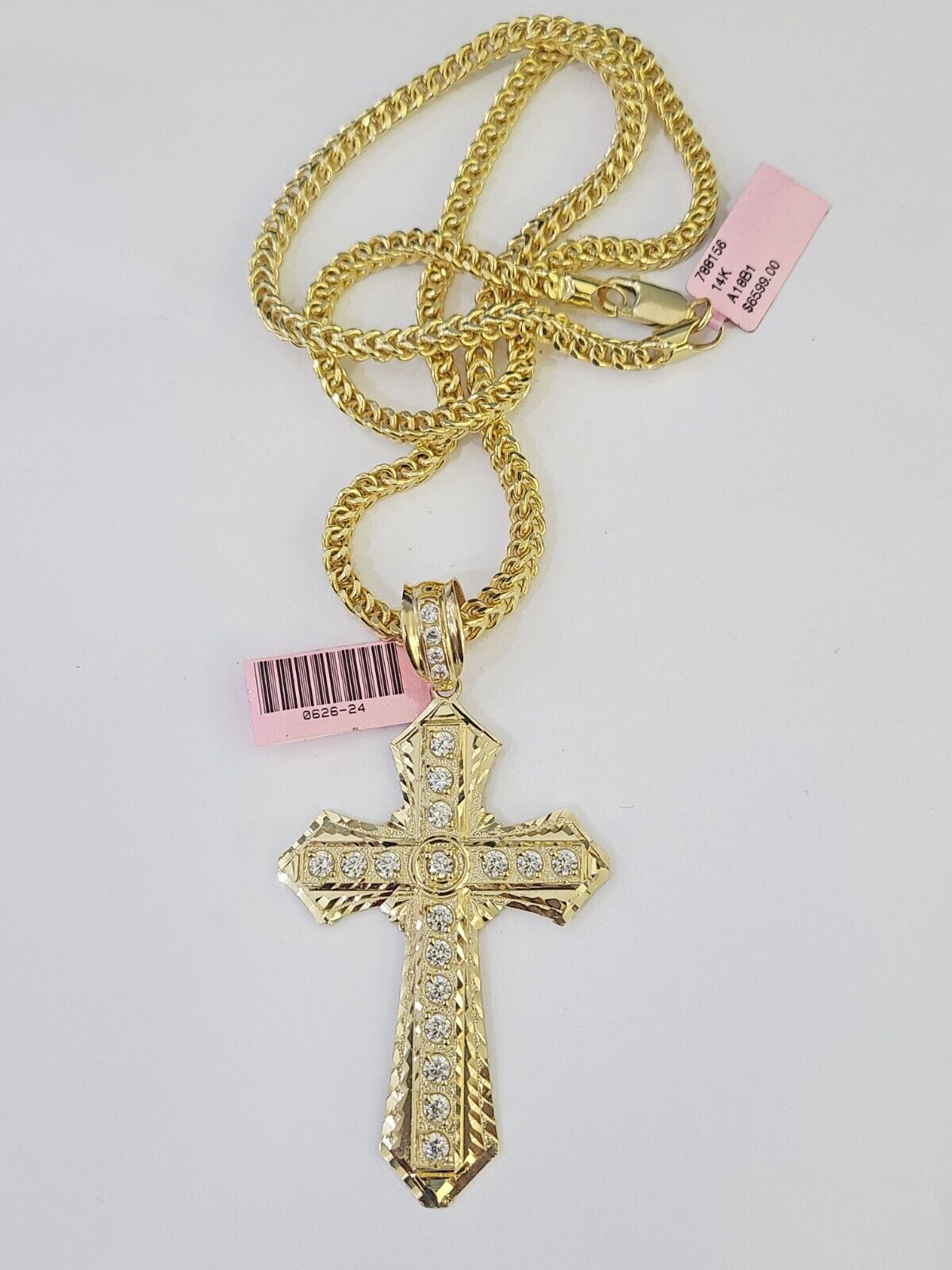 14K Franco Chain Jesus Cross Pendant Charm Necklace 20" - 26" 4mm Gold Yellow - GoldenlinQ