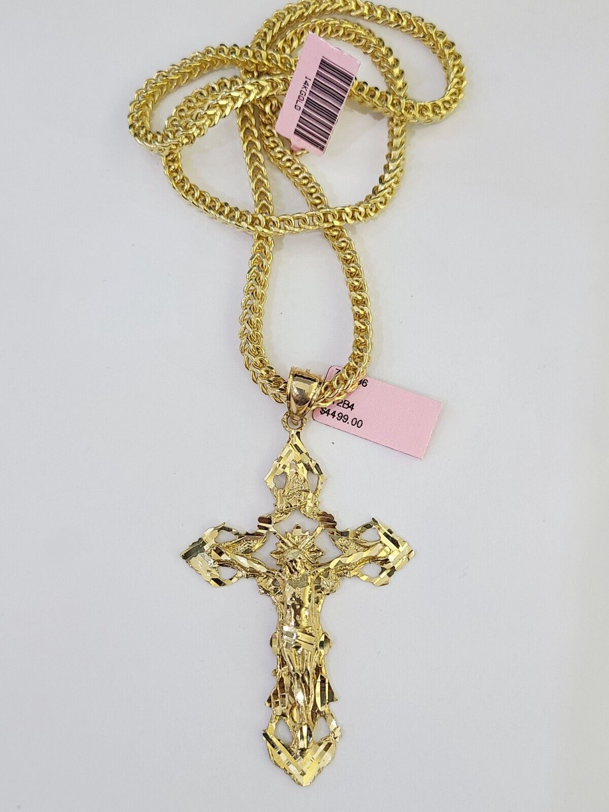 14K Franco Chain Jesus INRI Cross Pendant Charm Necklace 20" - 26" 4mm Gold - GoldenlinQ