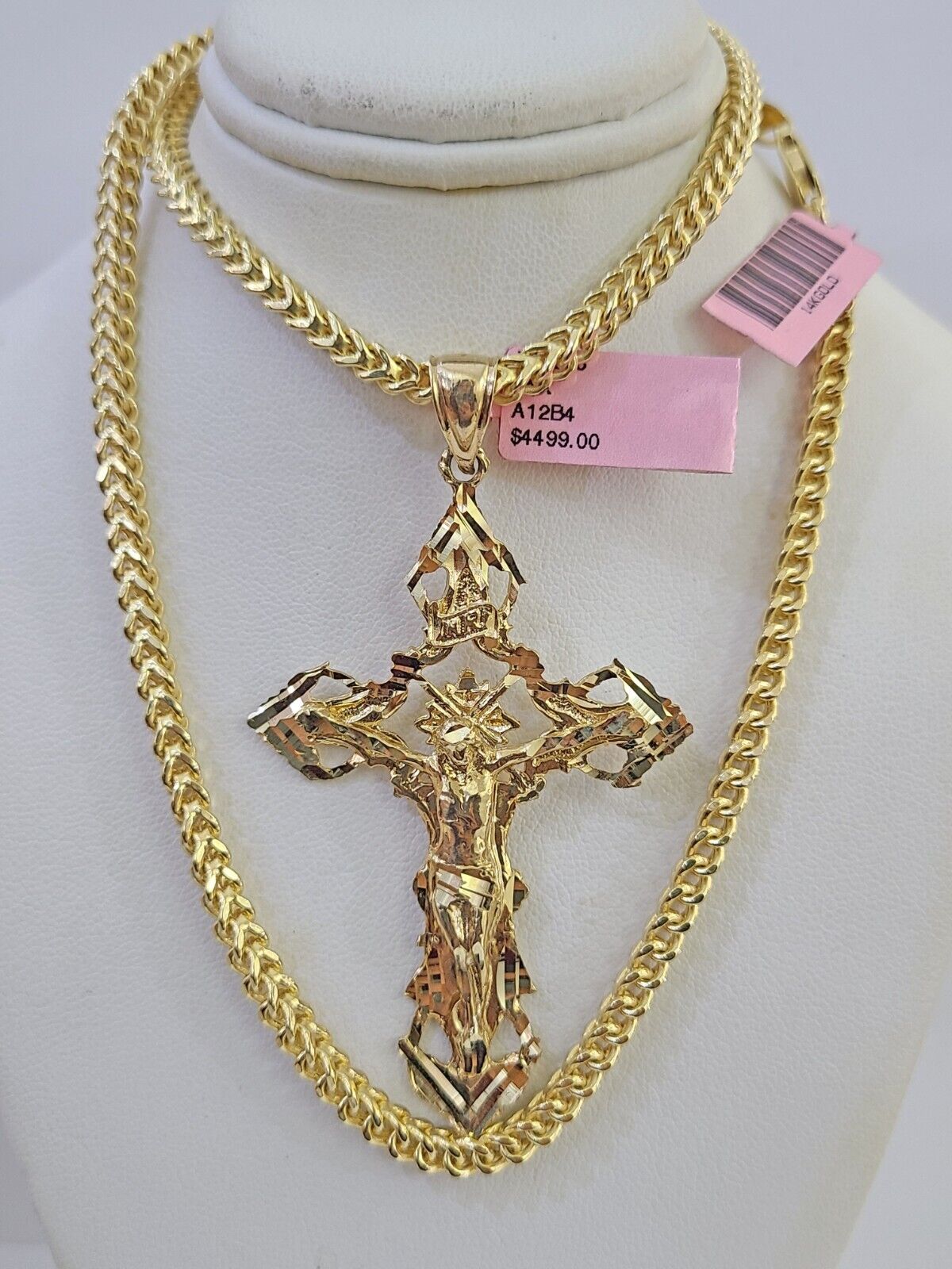 14K Franco Chain Jesus INRI Cross Pendant Charm Necklace 20" - 26" 4mm Gold - GoldenlinQ