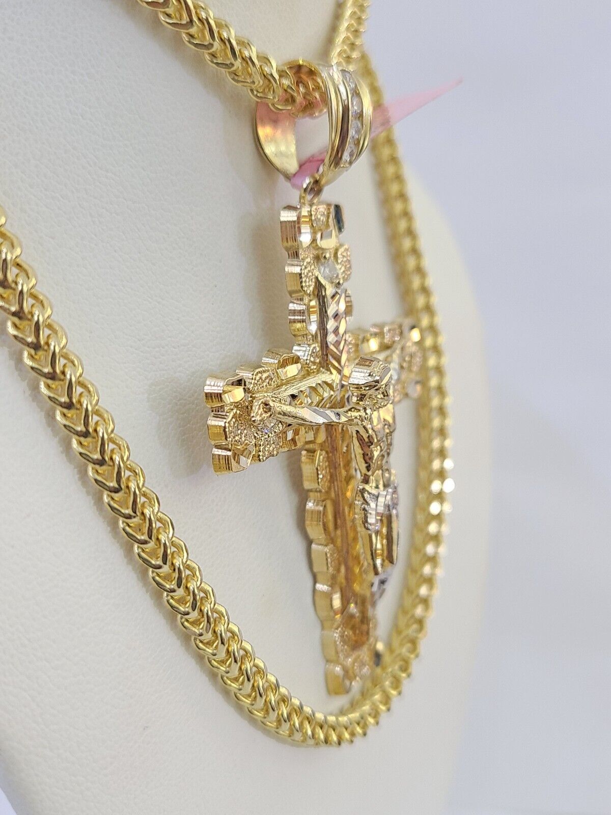 14K Franco Chain Jesus Nugget Cross Pendant Charm Necklace 20" - 26" 4mm Gold - GoldenlinQ