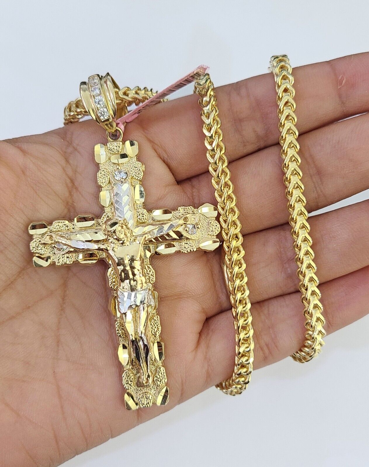 14K Franco Chain Jesus Nugget Cross Pendant Charm Necklace 20" - 26" 4mm Gold - GoldenlinQ