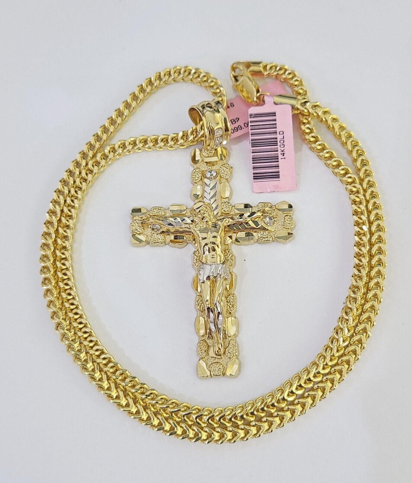 14K Franco Chain Jesus Nugget Cross Pendant Charm Necklace 20" - 26" 4mm Gold - GoldenlinQ