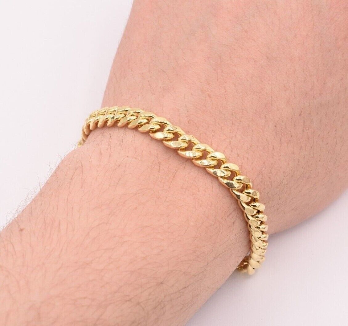 14k Gold Bracelet Miami Cuban Link 7mm 9" Inch Real 14 KT Yellow Gold Men Women - GoldenlinQ