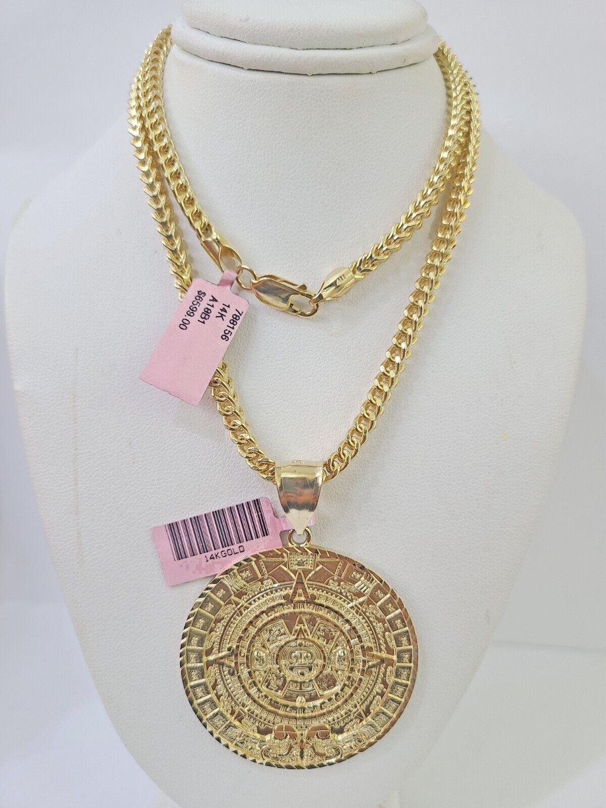 14k Gold Byzantine Box Necklace Mayan Calendar Charm 18" - 26" SET Yellow - GoldenlinQ