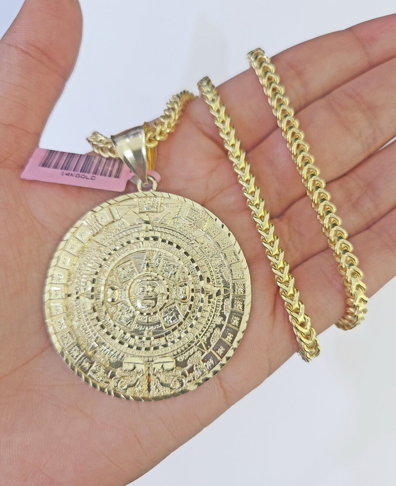 14k Gold Byzantine Box Necklace Mayan Calendar Charm 18" - 26" SET Yellow - GoldenlinQ