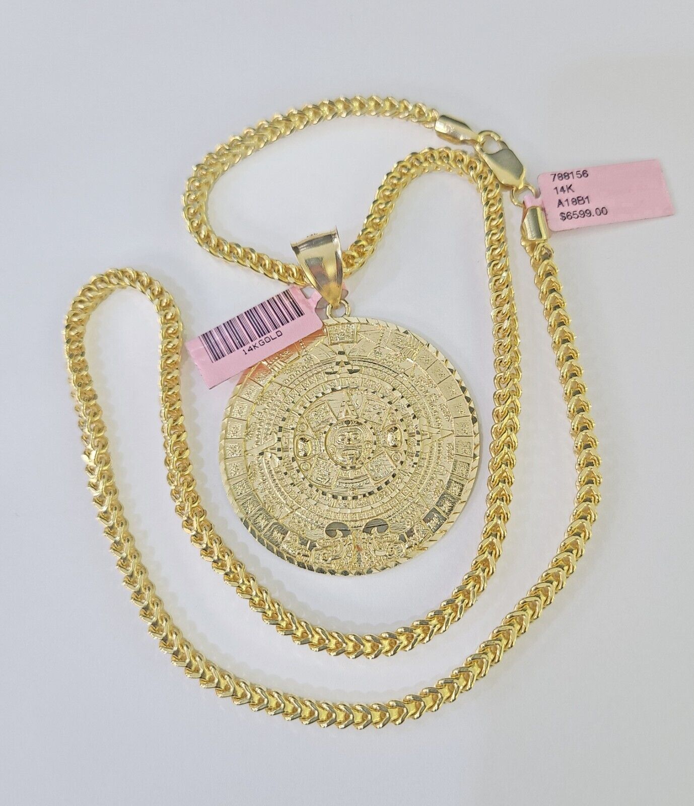 14k Gold Byzantine Box Necklace Mayan Calendar Charm 18" - 26" SET Yellow - GoldenlinQ