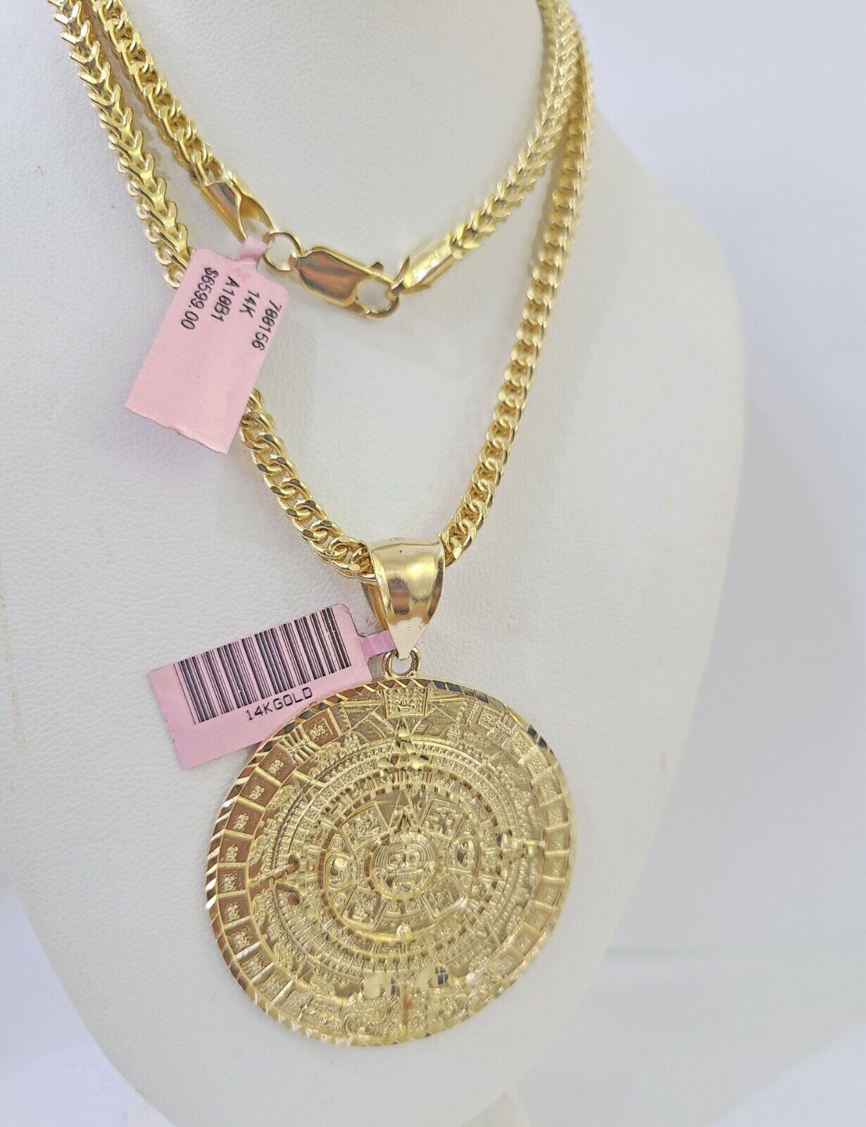 14k Gold Byzantine Box Necklace Mayan Calendar Charm 18" - 26" SET Yellow - GoldenlinQ