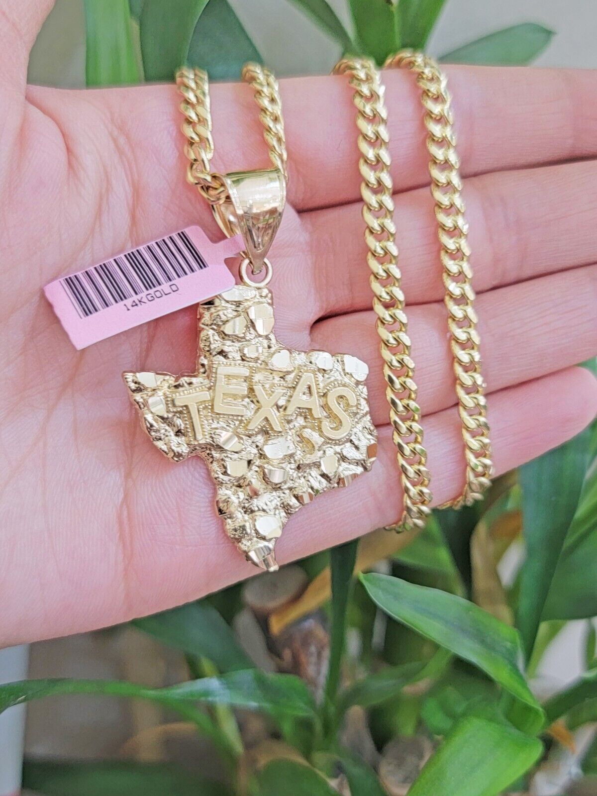 14k Gold Chain & Charm Nugget Texas map pendant Cuban Link Necklace 20 Inch 5mm - GoldenlinQ