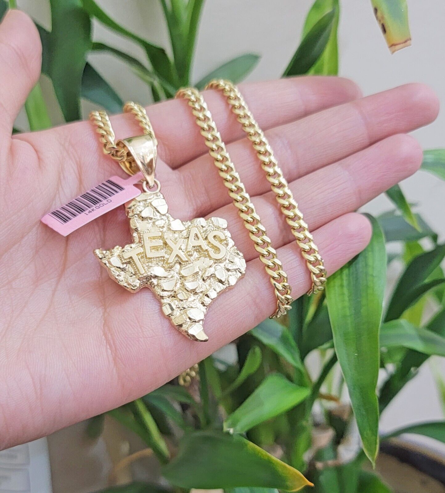 14k Gold Chain & Charm Nugget Texas map pendant Cuban Link Necklace 26 Inch 5mm - GoldenlinQ