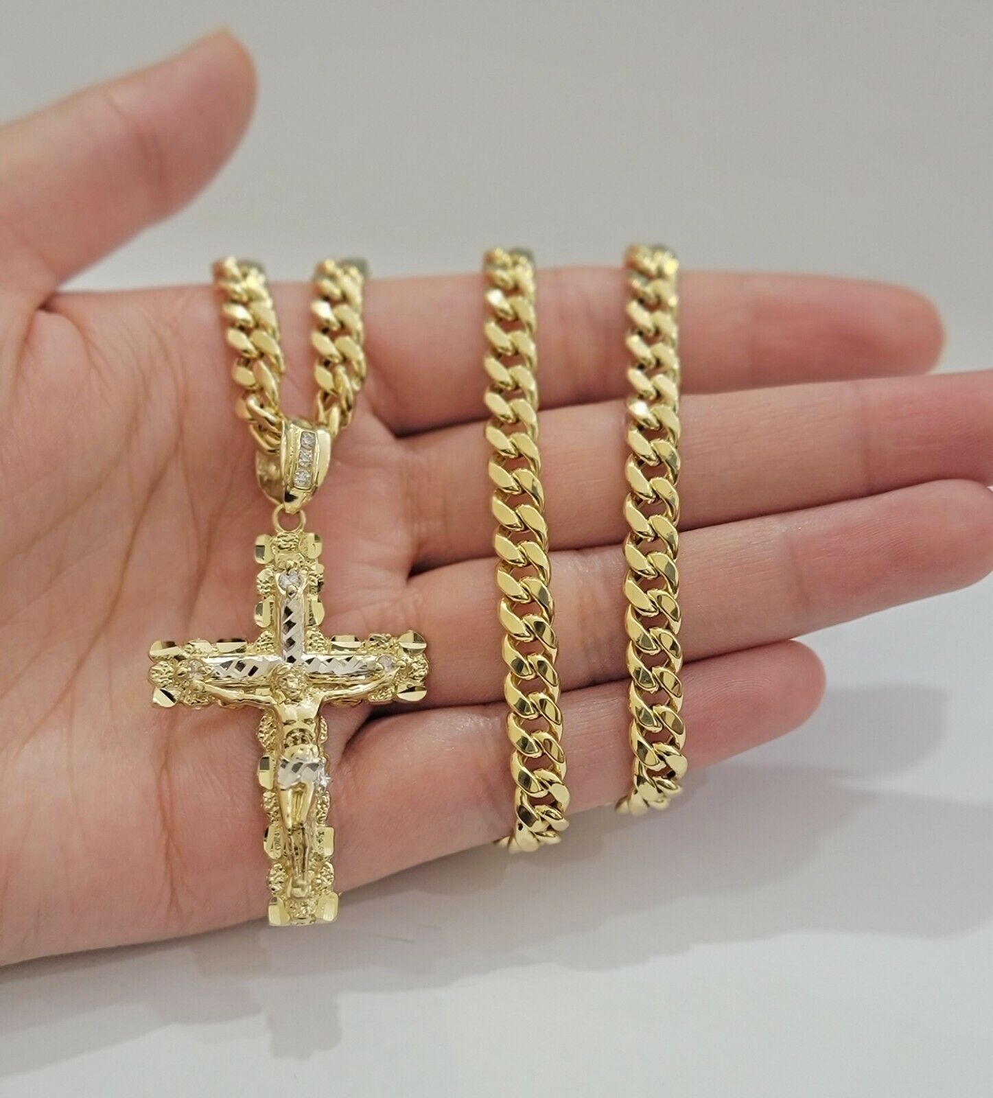 14k Gold Chain Cross SET Miami Cuban Link Necklace 7.5mm 22" - 28" ,Charm Pendant - GoldenlinQ