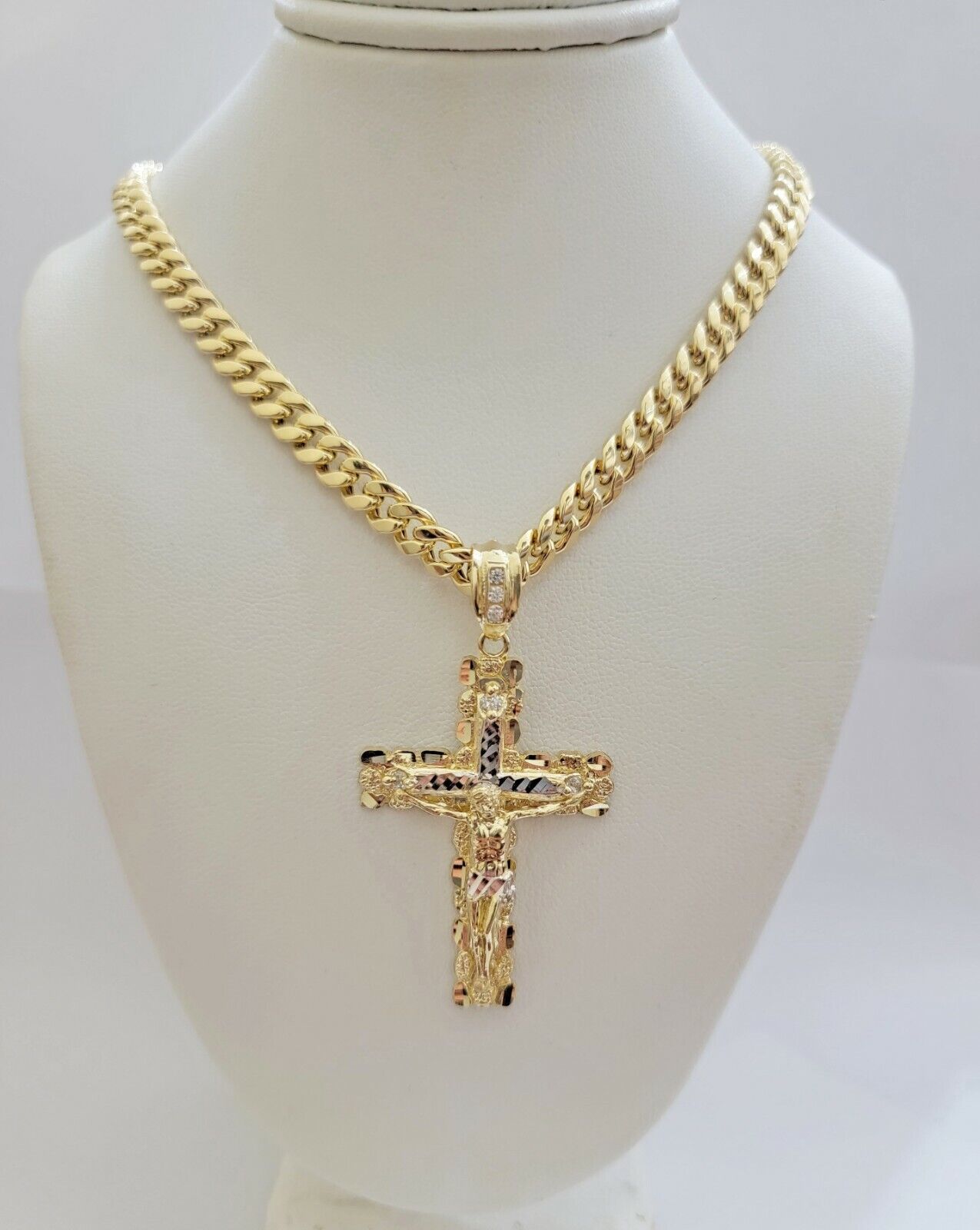 14k Gold Chain Cross SET Miami Cuban Link Necklace 7.5mm 22" - 28" ,Charm Pendant - GoldenlinQ